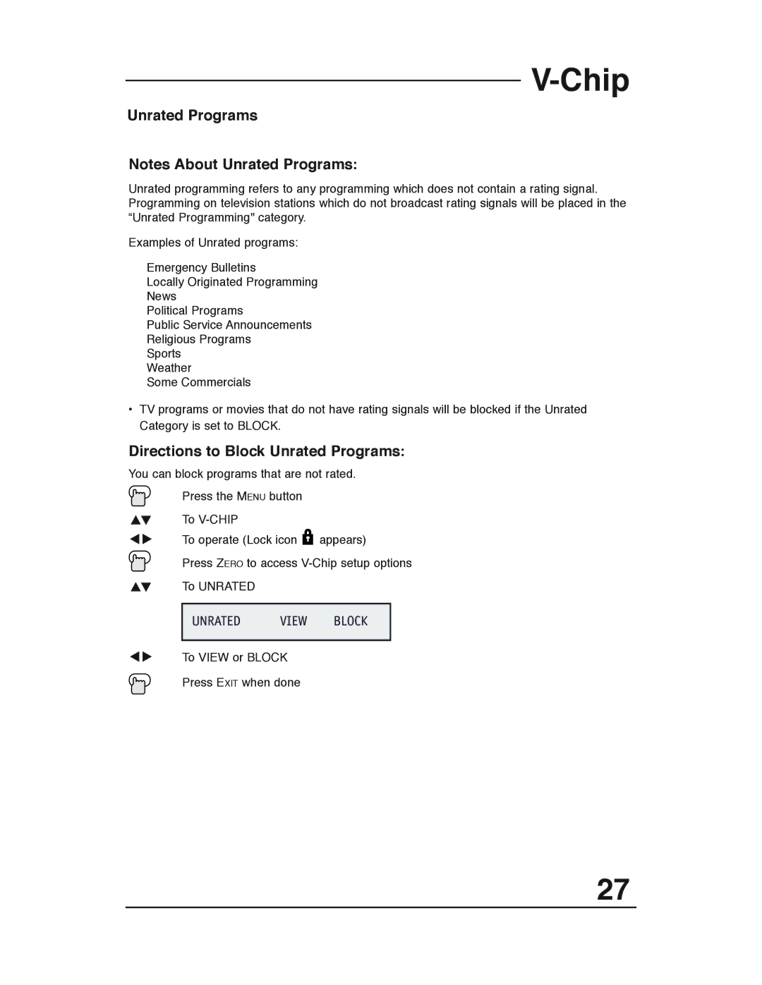 JVC AV 20321, C-13311, C-13310, AV 20320 manual Directions to Block Unrated Programs 