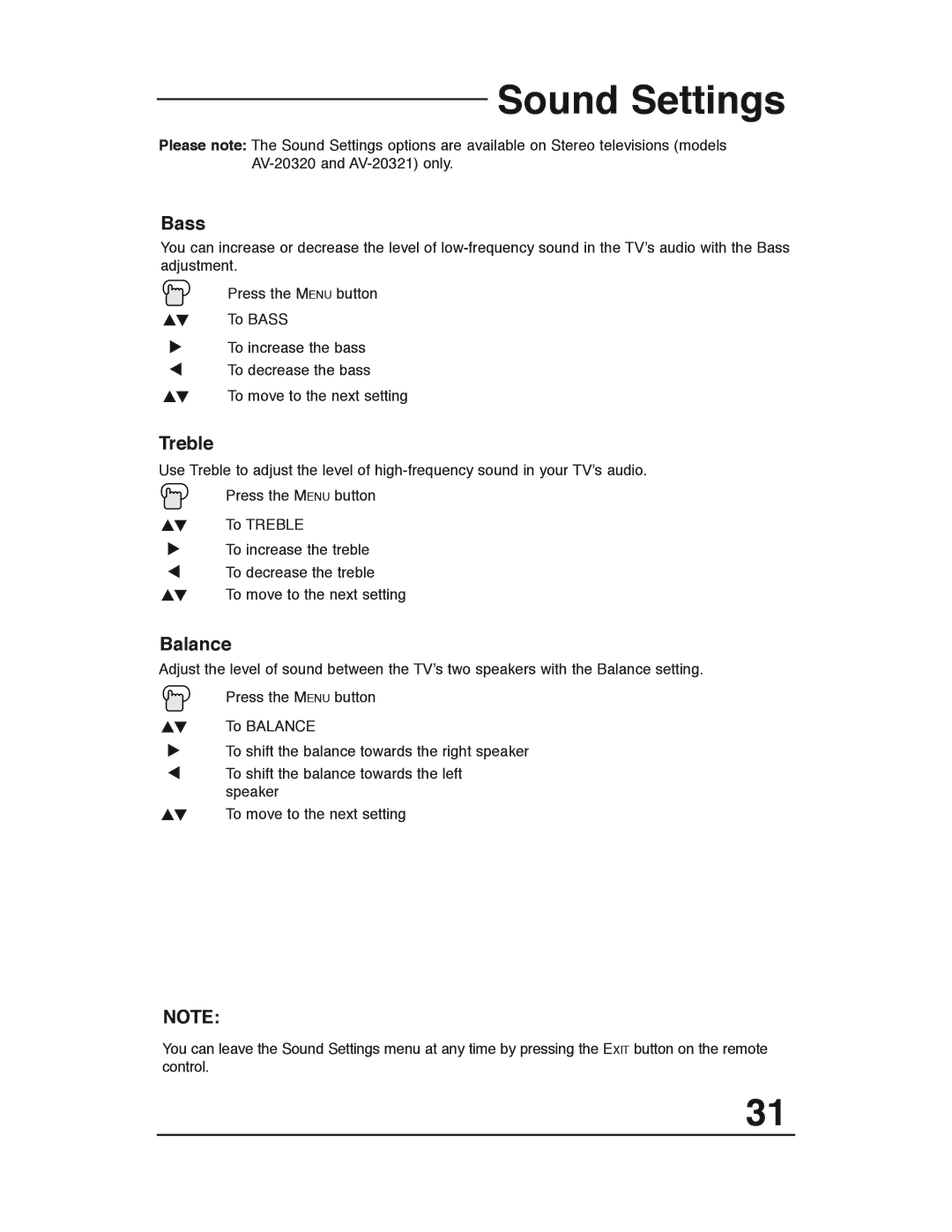 JVC AV 20321, AV 20320, AV-20320, AV-20321, C-20310, C-13310, C-13311 manual Sound Settings, Bass, Treble, Balance 