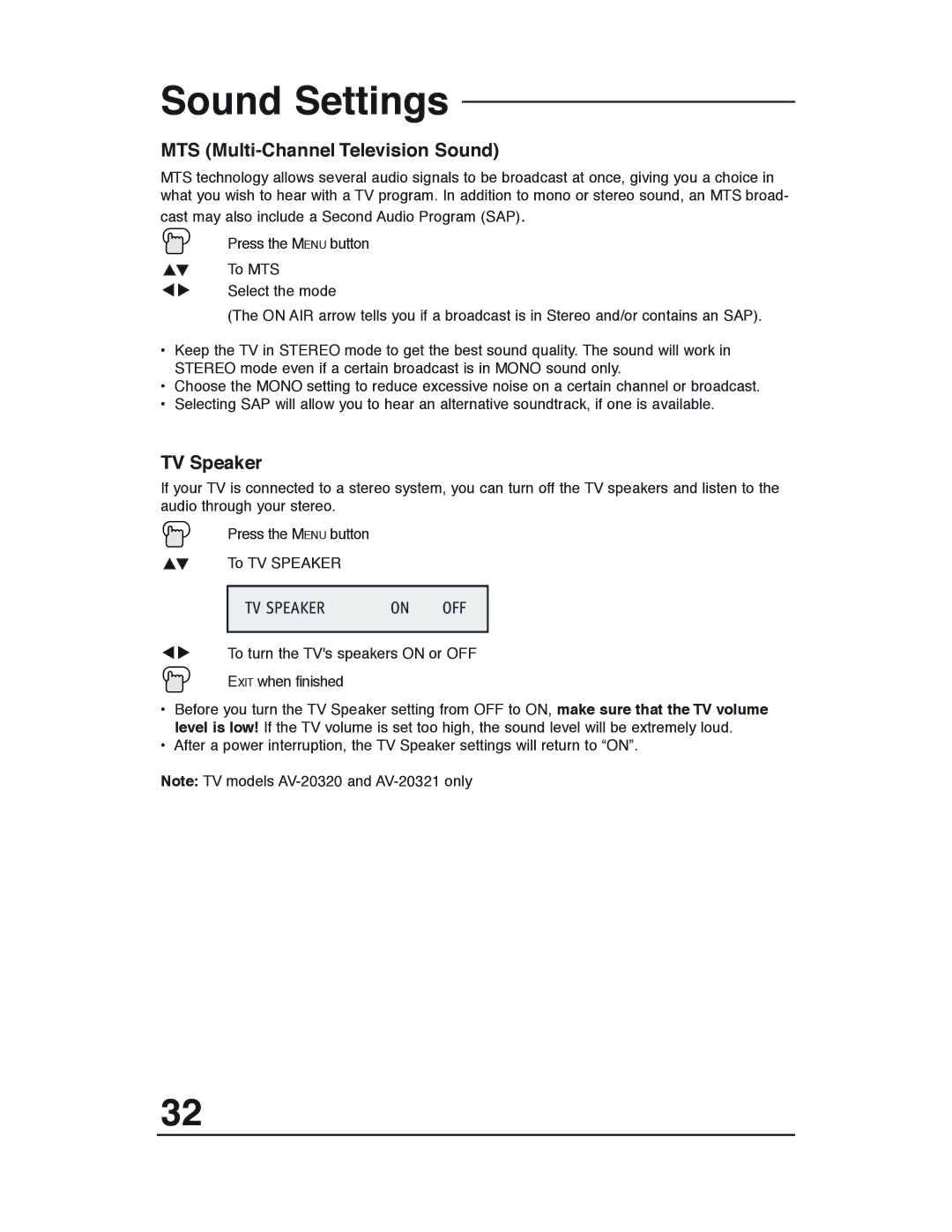 JVC AV 20321, C-13311, C-13310, AV 20320 manual MTS Multi-Channel Television Sound, TV Speaker OFF 