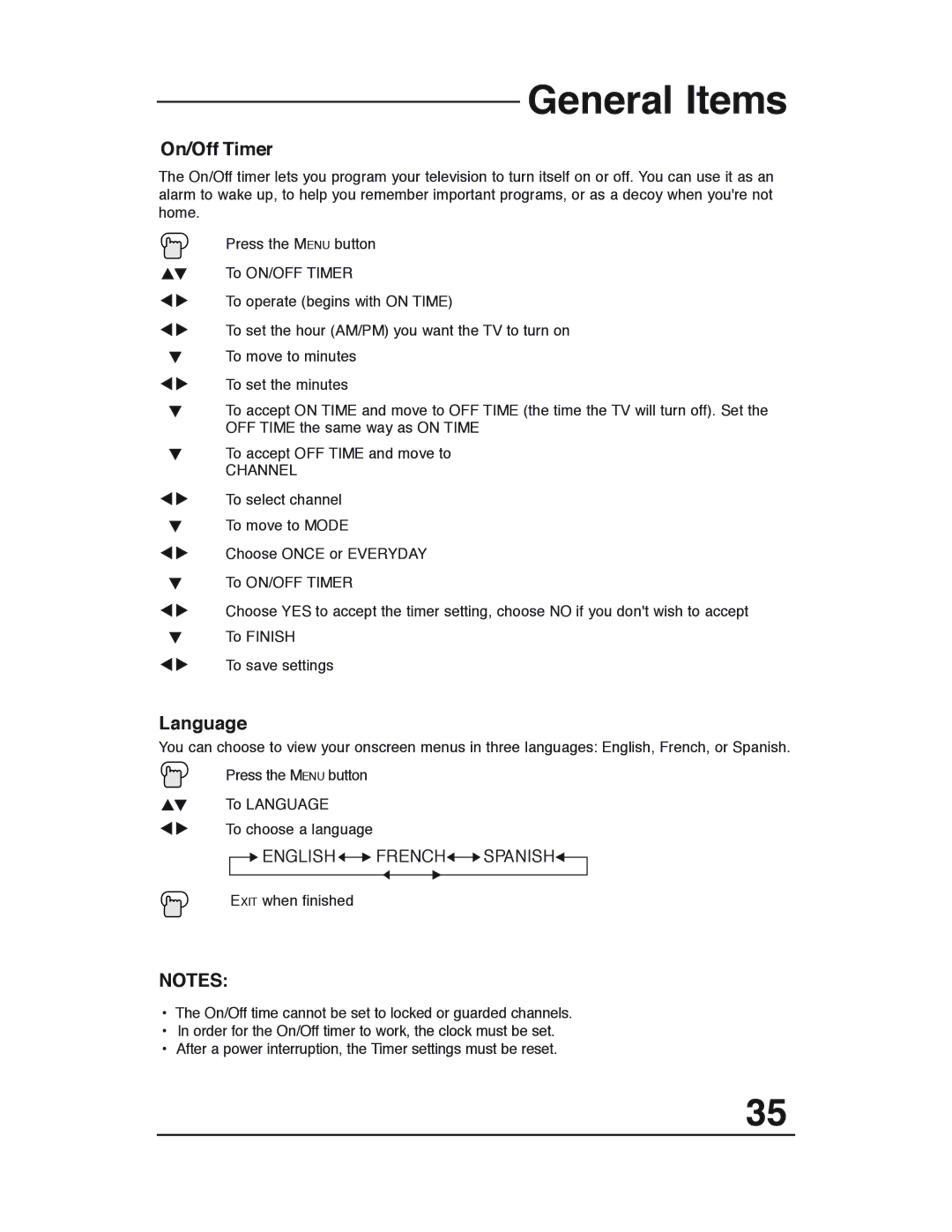 JVC C-13311, C-13310, AV 20321, AV 20320 manual On/Off Timer, Language, English French Spanish 