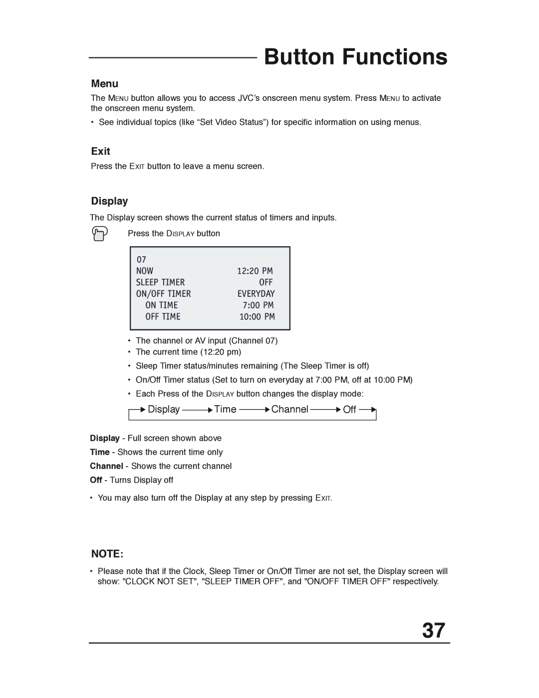 JVC AV 20321, AV 20320, AV-20320, AV-20321, C-20310, C-13310, C-13311 manual Button Functions, Menu, Exit, Display 