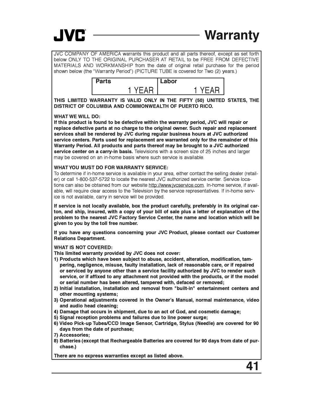 JVC C-13310, C-13311, AV 20321, AV 20320 manual Warranty, Parts, Labor, This limited warranty provided by JVC does not cover 