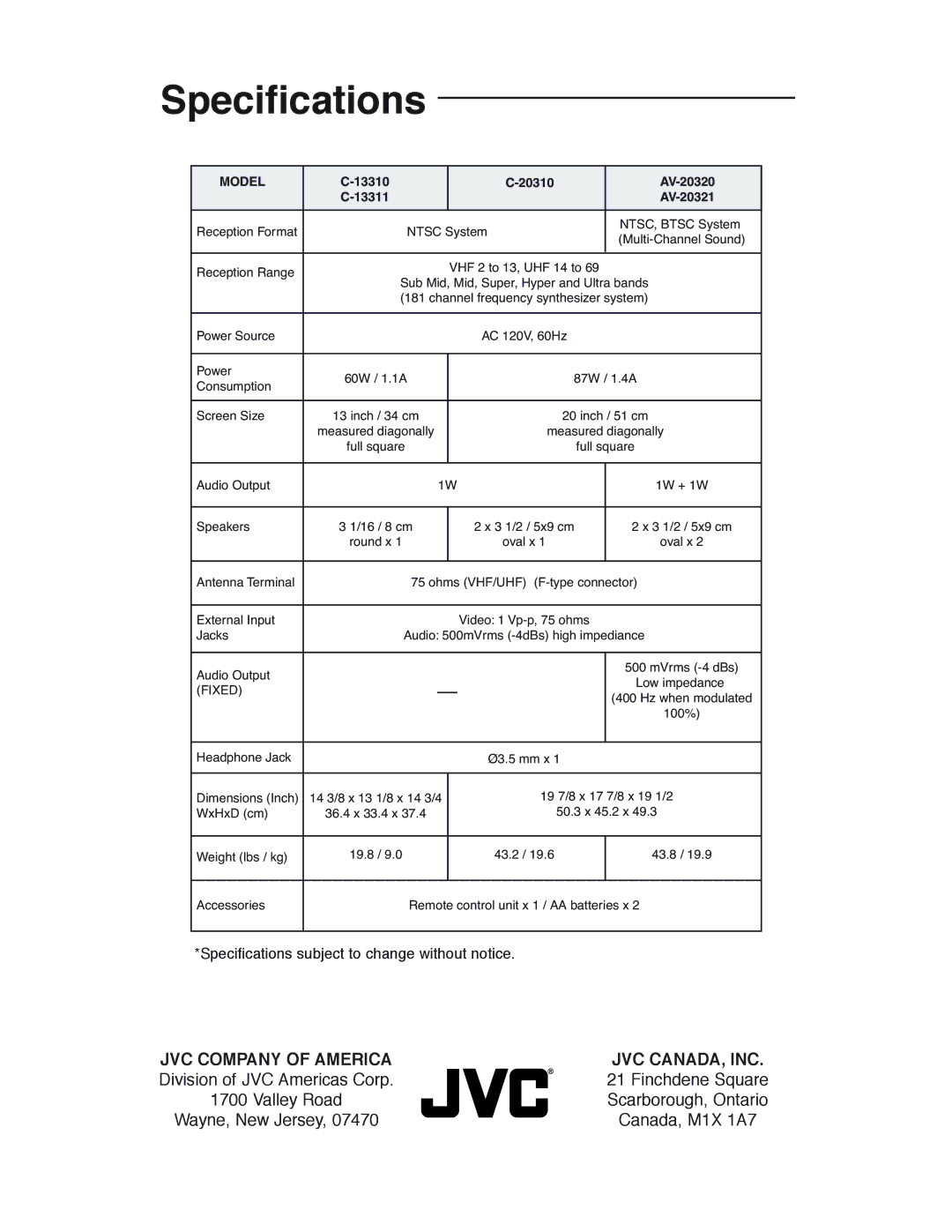 JVC AV-20320, AV-20321, C-20310, C-13310, C-13311, AV 20321, AV 20320 manual Specifications, Model 