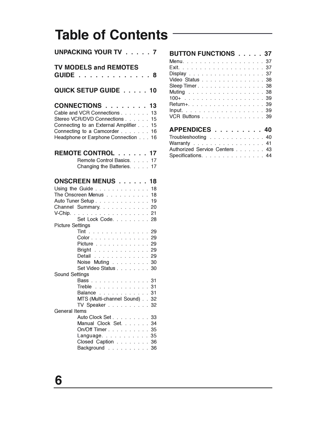 JVC AV 20321, AV 20320, AV-20320, AV-20321, C-20310, C-13310, C-13311 manual Table of Contents 