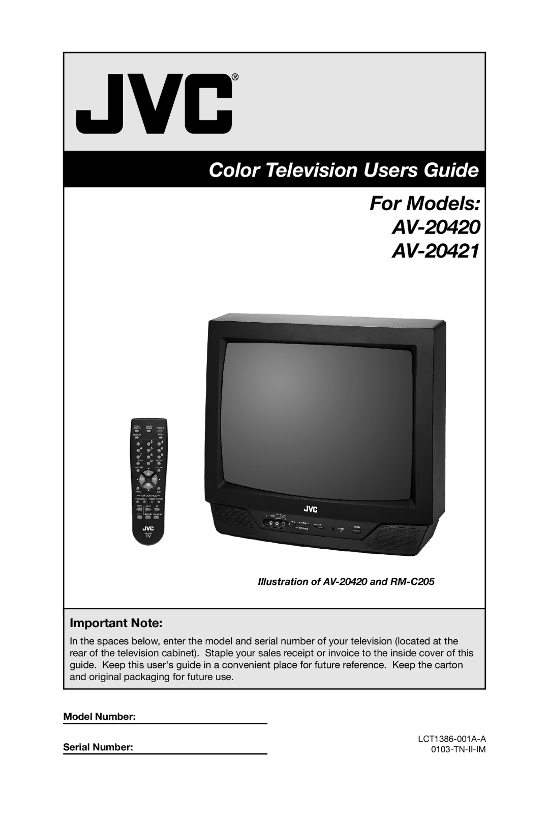 JVC AV 20420, AV-20420, AV-20421 manual Important Note, Model Number Serial Number 