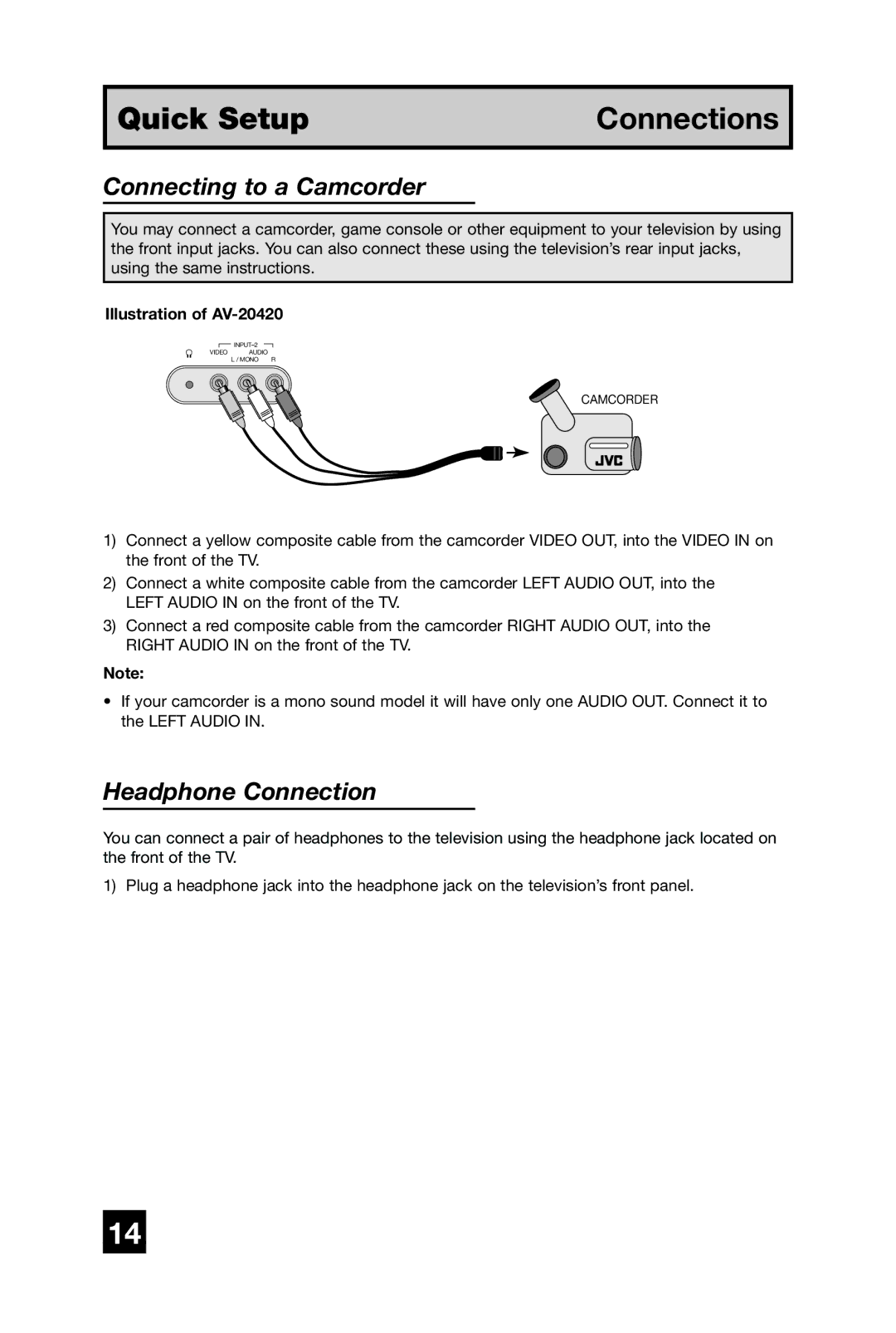 JVC AV-20420, AV-20421, AV 20420 manual Connecting to a Camcorder 