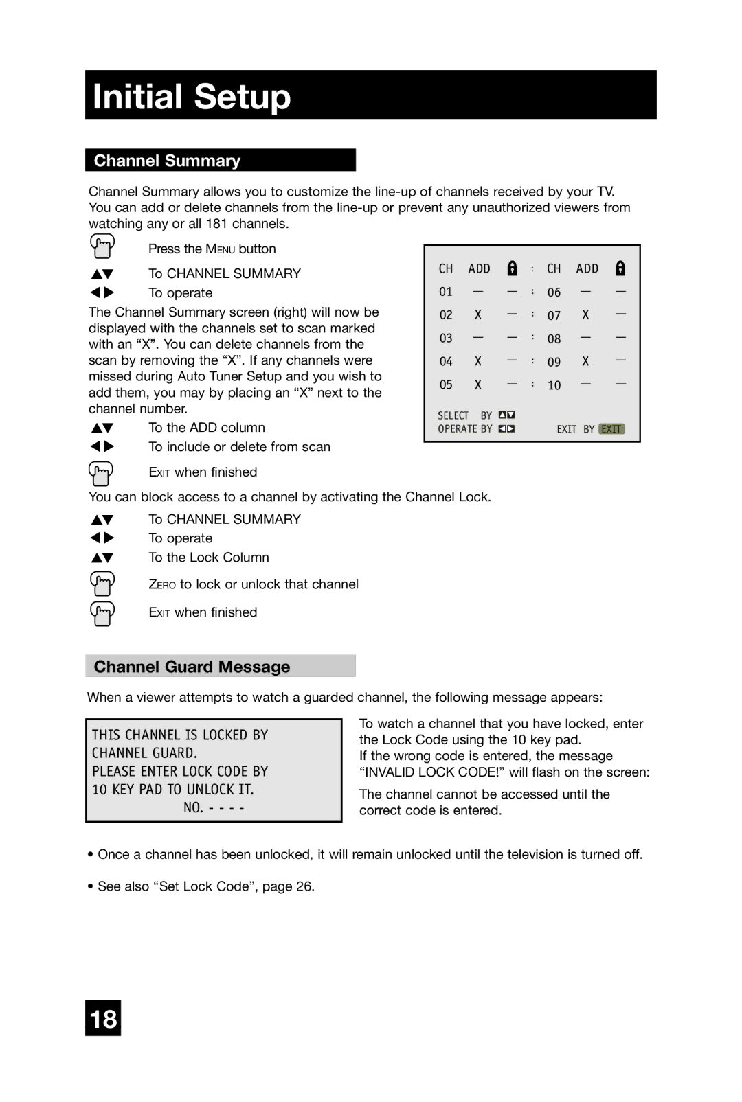 JVC AV-20420, AV-20421, AV 20420 manual Channel Summary, Channel Guard Message 