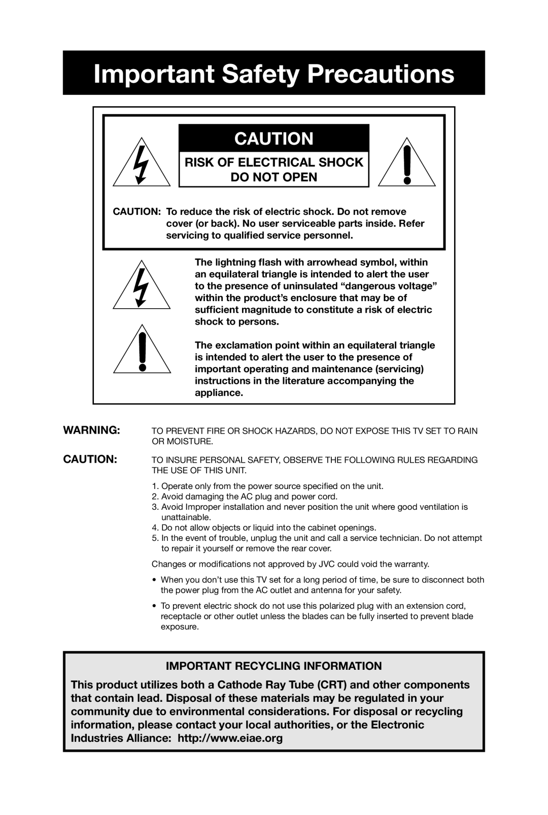 JVC AV-20420, AV-20421, AV 20420 manual Important Safety Precautions, Risk of Electrical Shock Do not Open 