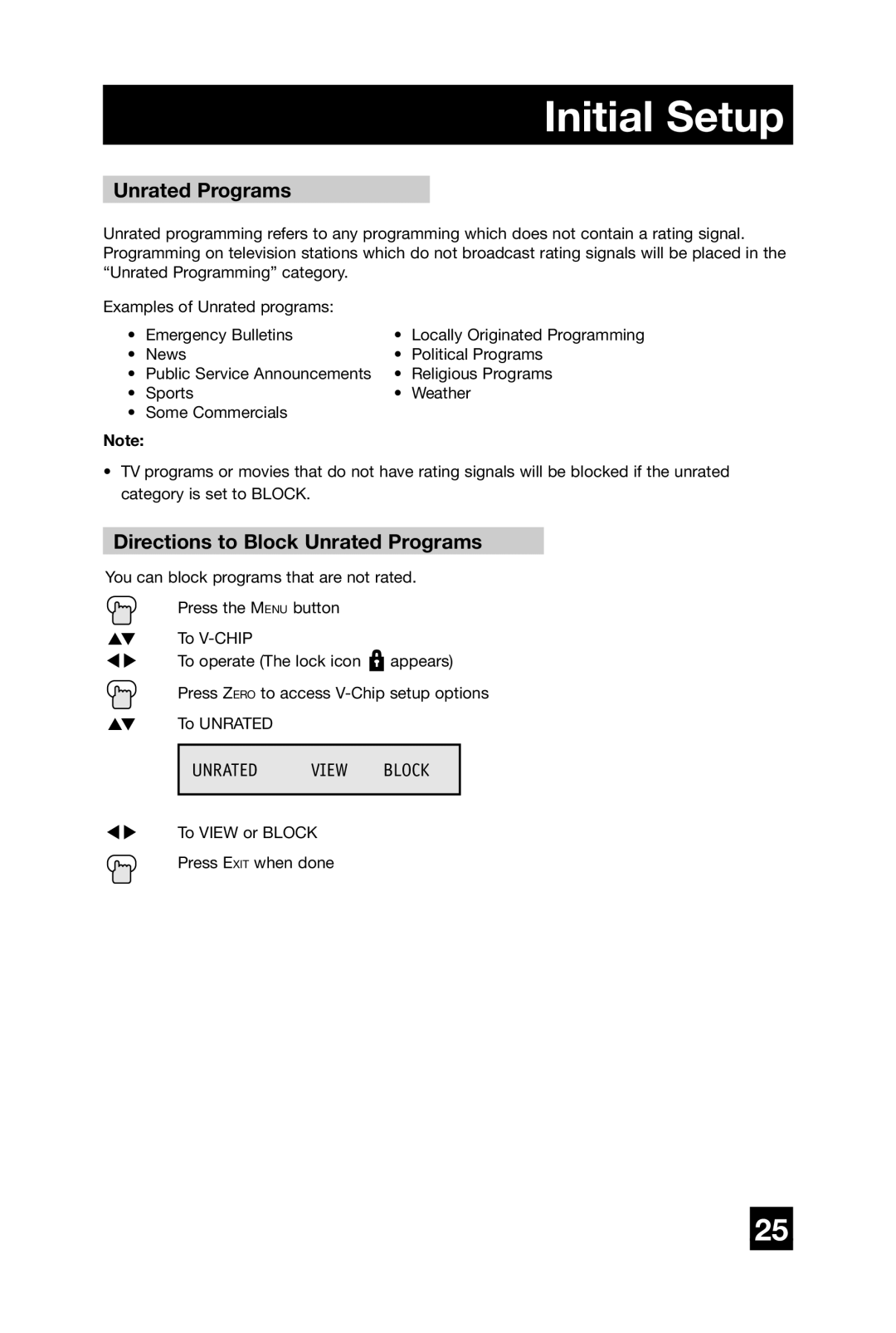 JVC AV 20420, AV-20420, AV-20421 manual Directions to Block Unrated Programs, Unrated View Block 