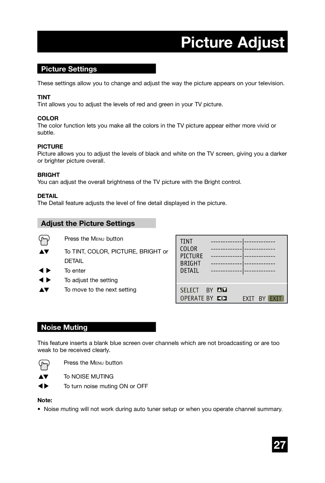 JVC AV 20420, AV-20420, AV-20421 manual Picture Adjust, Adjust the Picture Settings, Noise Muting 