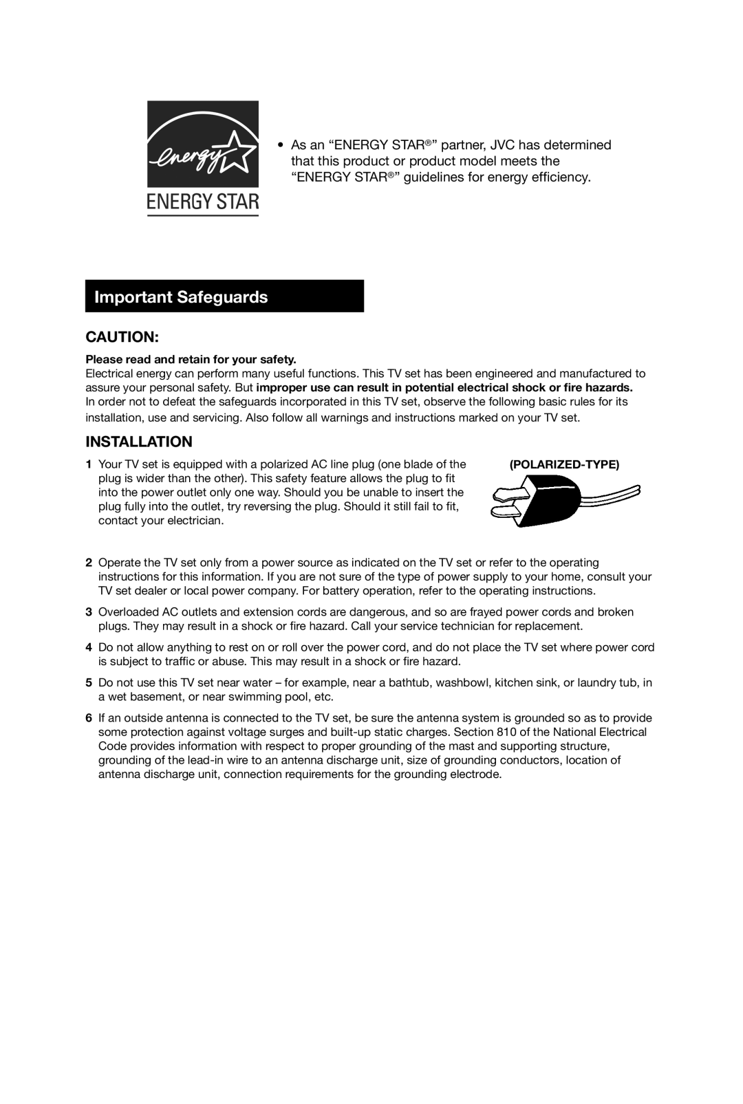 JVC AV 20420, AV-20420, AV-20421 manual Important Safeguards, Please read and retain for your safety 