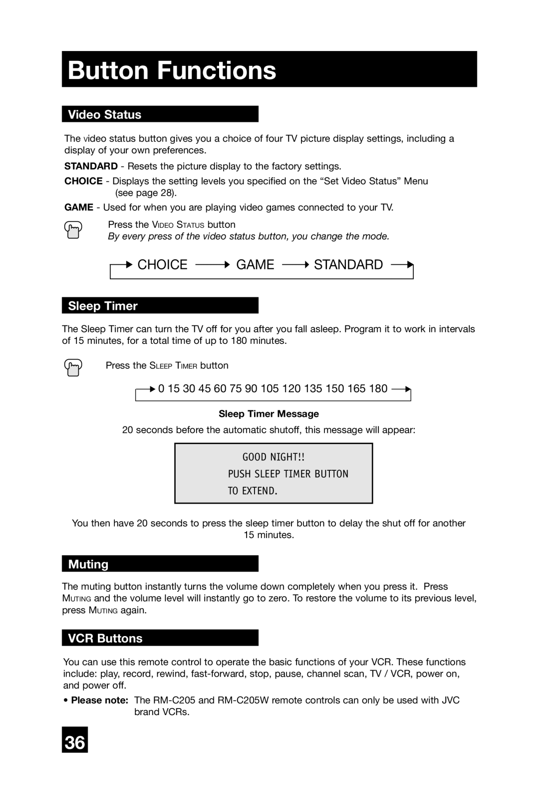 JVC AV-20420, AV-20421, AV 20420 manual Video Status, Muting, VCR Buttons, Good Night Push Sleep Timer Button To Extend 