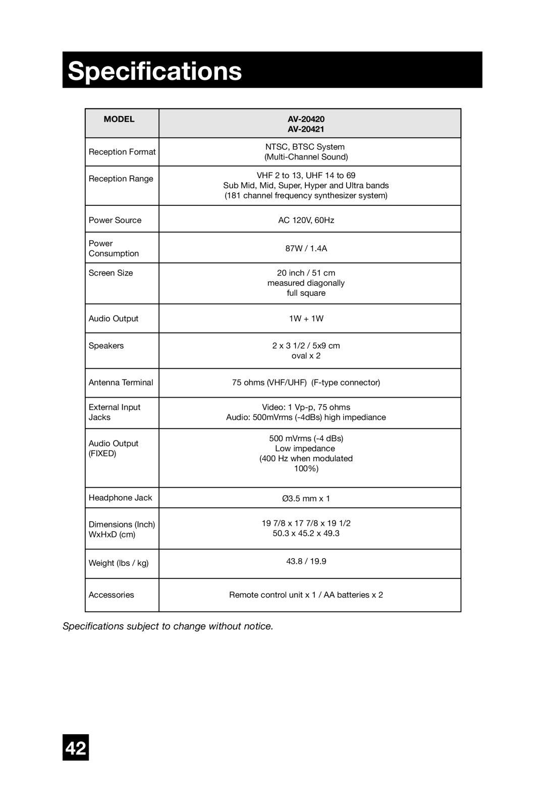 JVC AV-20420, AV-20421, AV 20420 manual Specifications, Model 