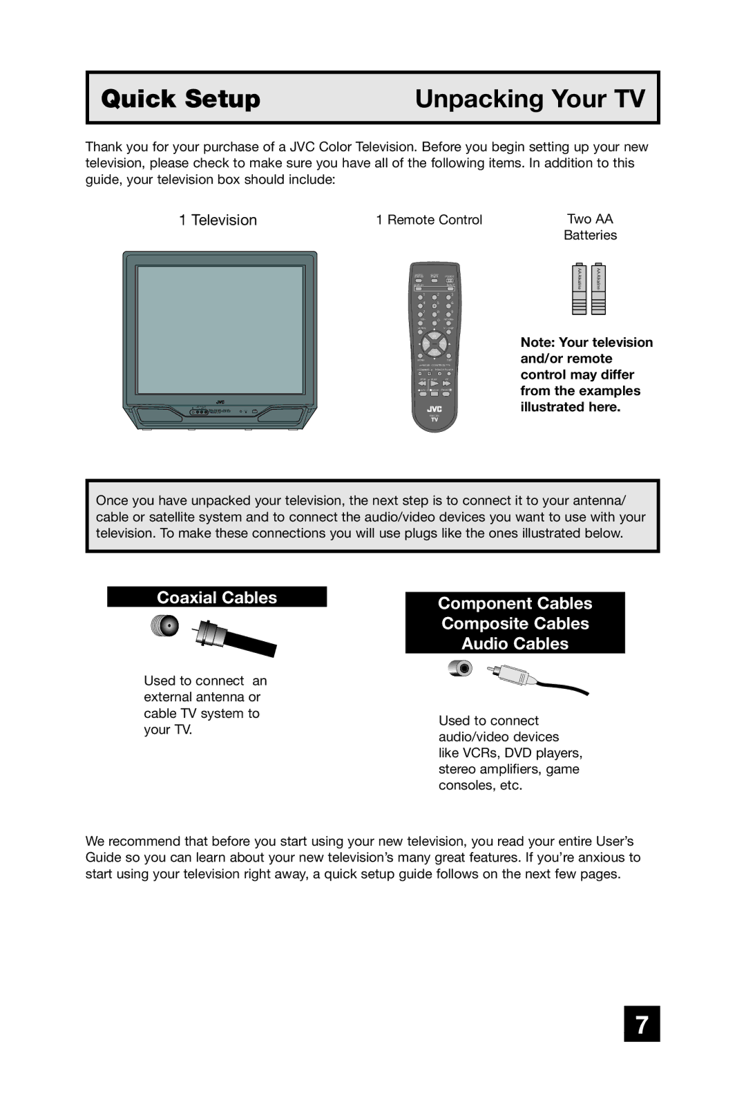 JVC AV 20420, AV-20420, AV-20421 manual Coaxial Cables, Component Cables Composite Cables Audio Cables 