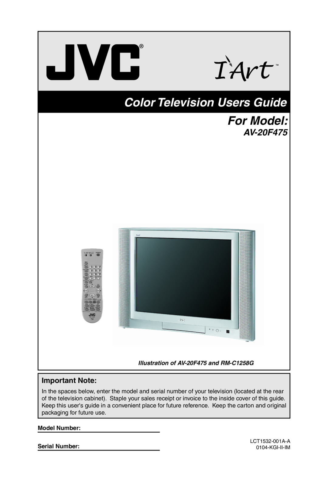 JVC AV-20F475 manual Important Note, Model Number Serial Number 