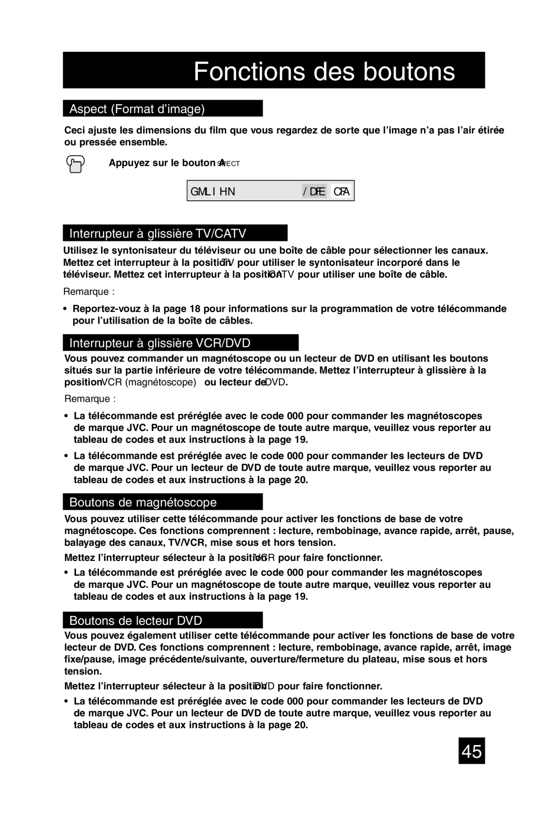 JVC AV-20F475 manual Aspect Format d’image, Interrupteur à glissière TV/CATV, Interrupteur à glissière VCR/DVD 