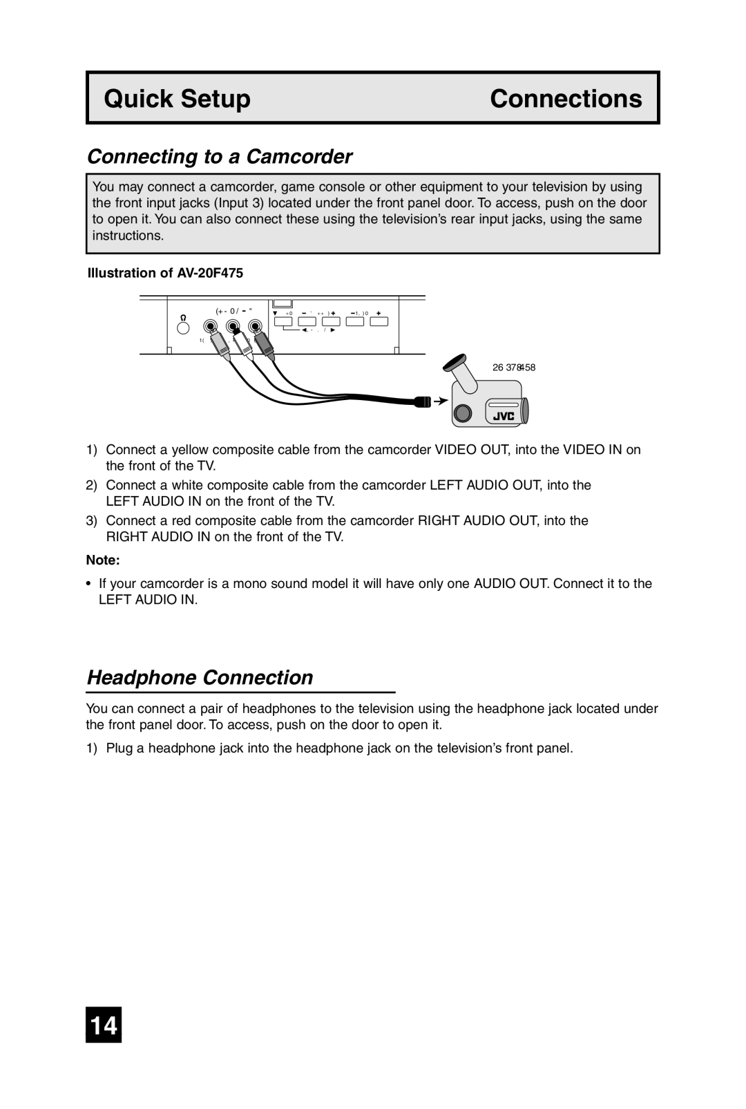 JVC AV-20F475 manual Connecting to a Camcorder, Headphone Connection 