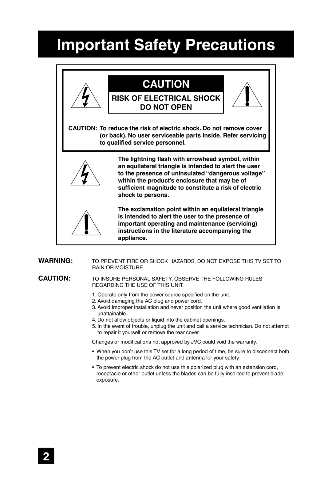 JVC AV-20F475 manual Important Safety Precautions, Risk of Electrical Shock Do not Open 