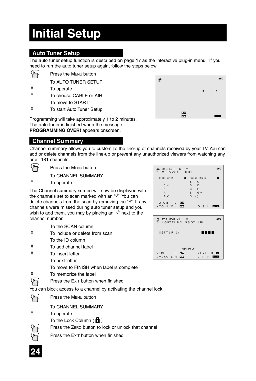 JVC AV-20F475 manual Initial Setup, Auto Tuner Setup, Channel Summary 