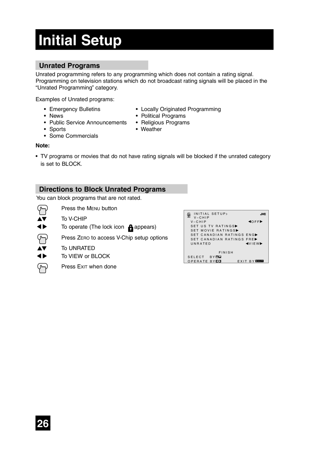 JVC AV-20F475 manual Directions to Block Unrated Programs 