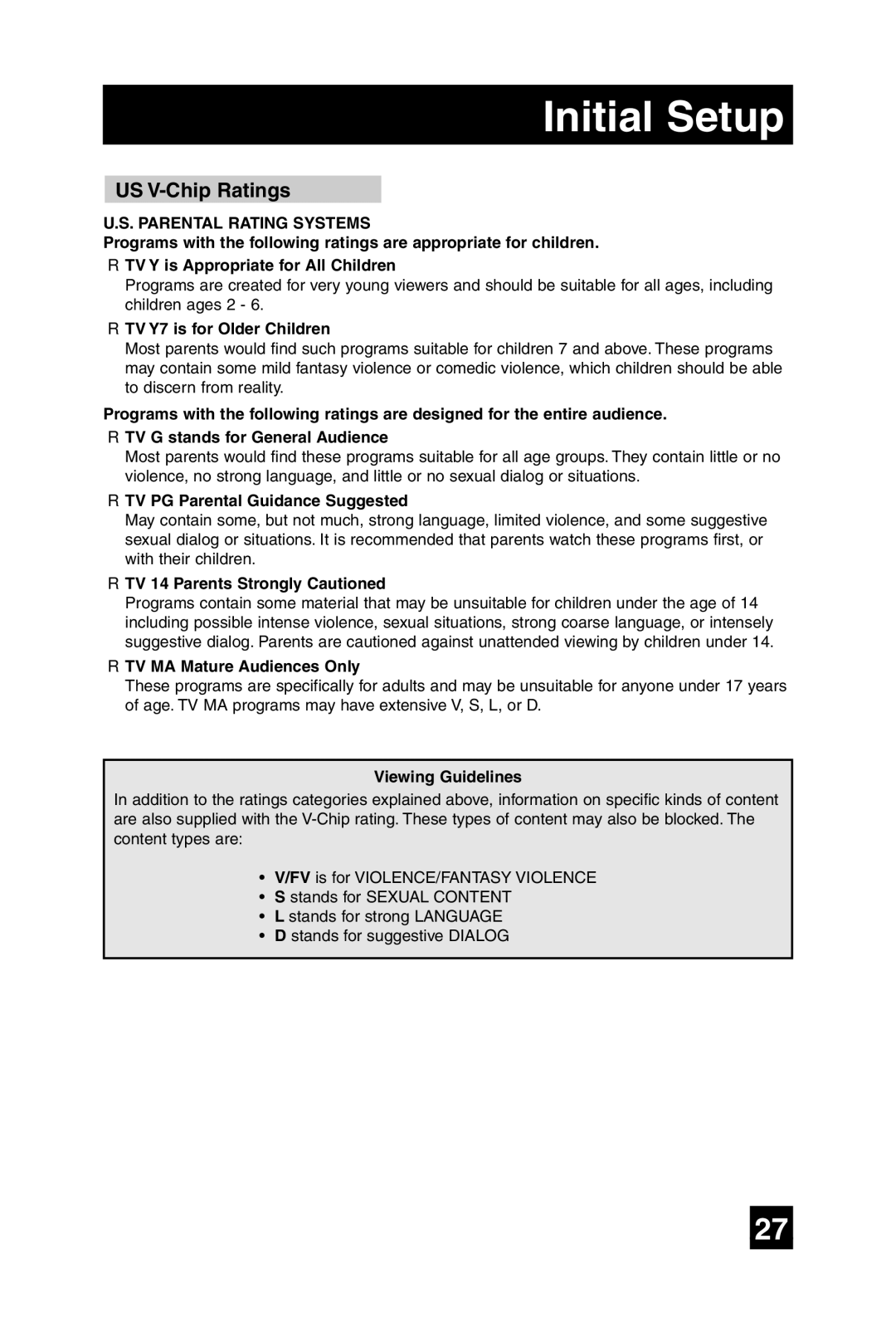 JVC AV-20F475 manual US V-Chip Ratings 