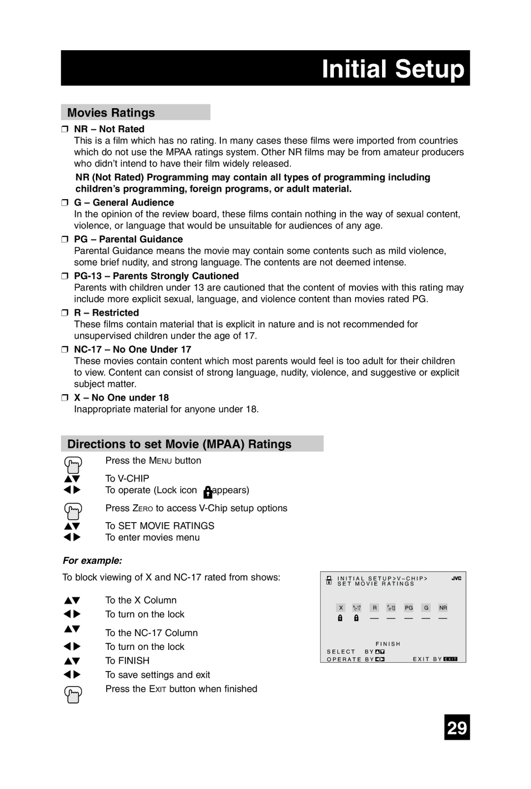 JVC AV-20F475 manual Movies Ratings, Directions to set Movie Mpaa Ratings 