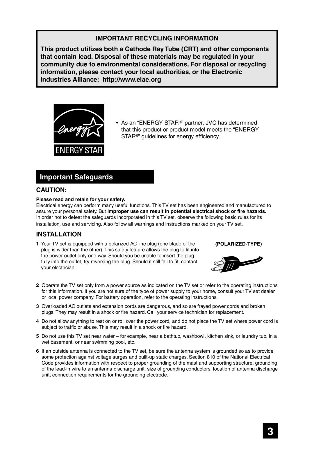 JVC AV-20F475 manual Important Safeguards, Important Recycling Information 