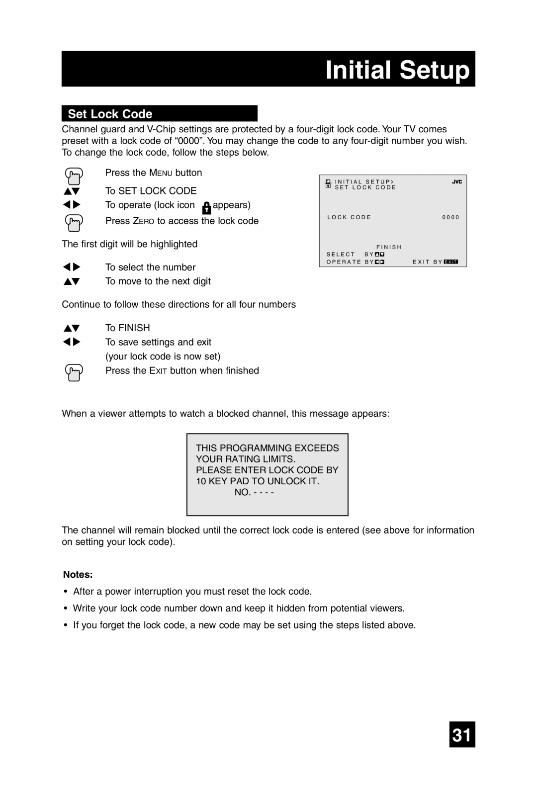 JVC AV-20F475 manual Set Lock Code 