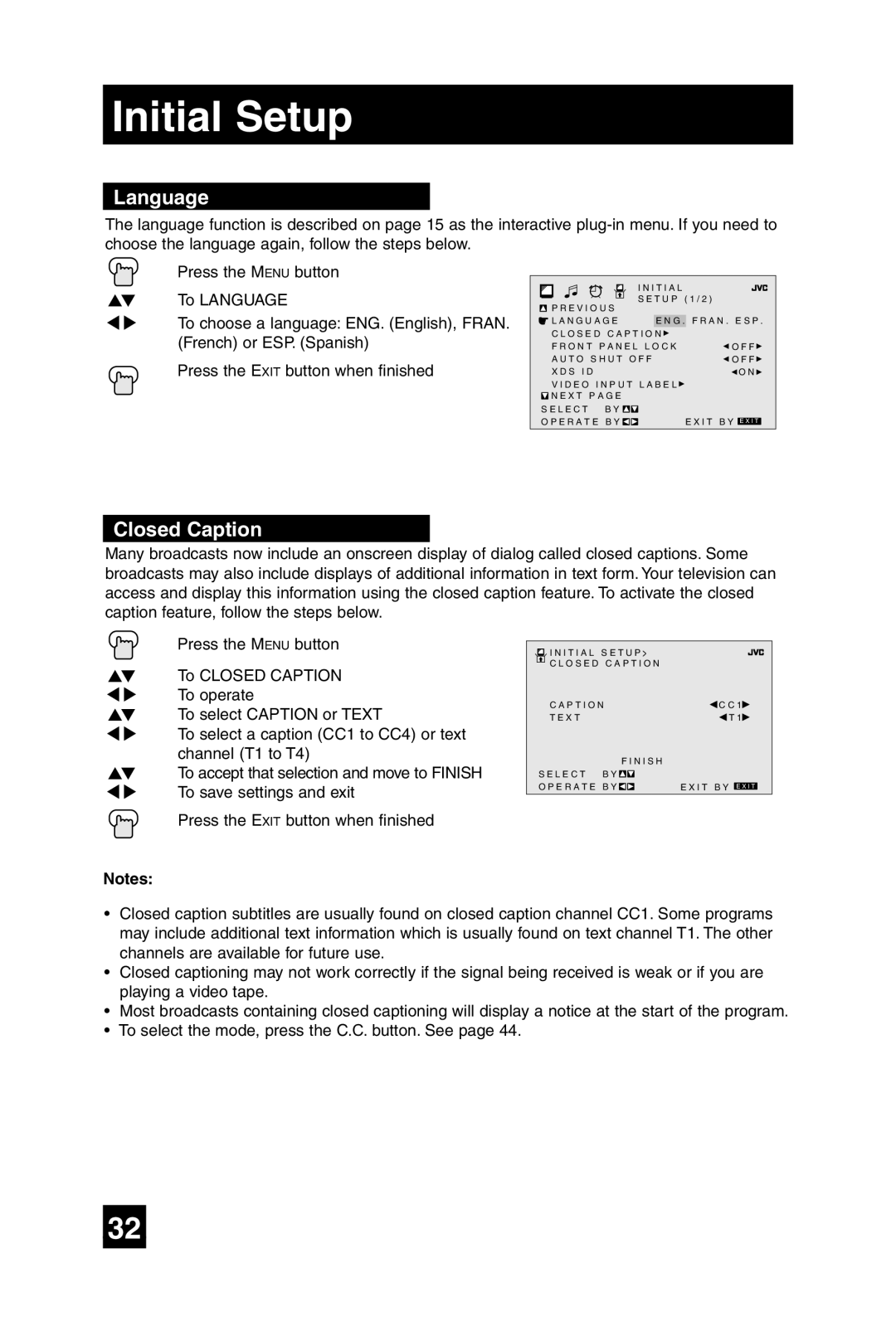 JVC AV-20F475 manual Language, Closed Caption 