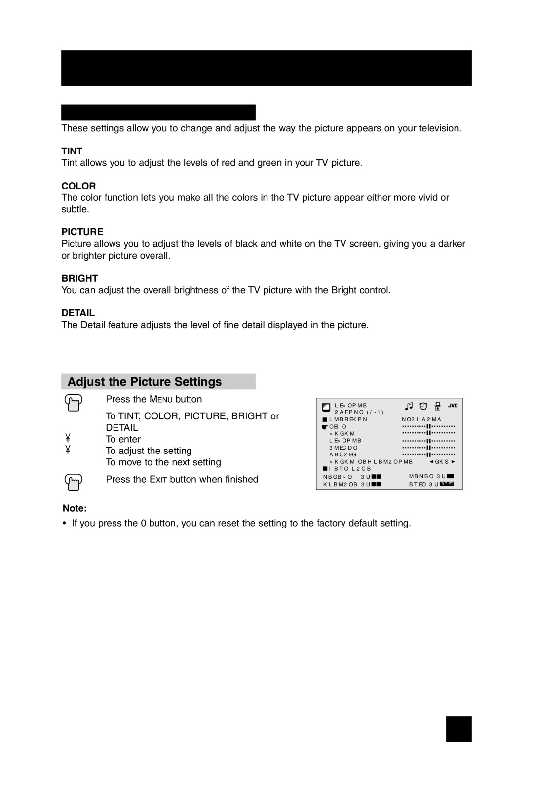 JVC AV-20F475 manual Picture Adjust, Adjust the Picture Settings 