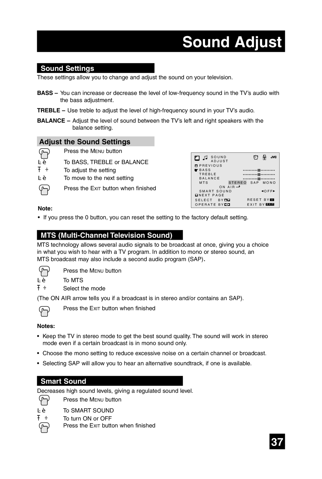 JVC AV-20F475 manual Sound Adjust, Adjust the Sound Settings, MTS Multi-Channel Television Sound, Smart Sound 
