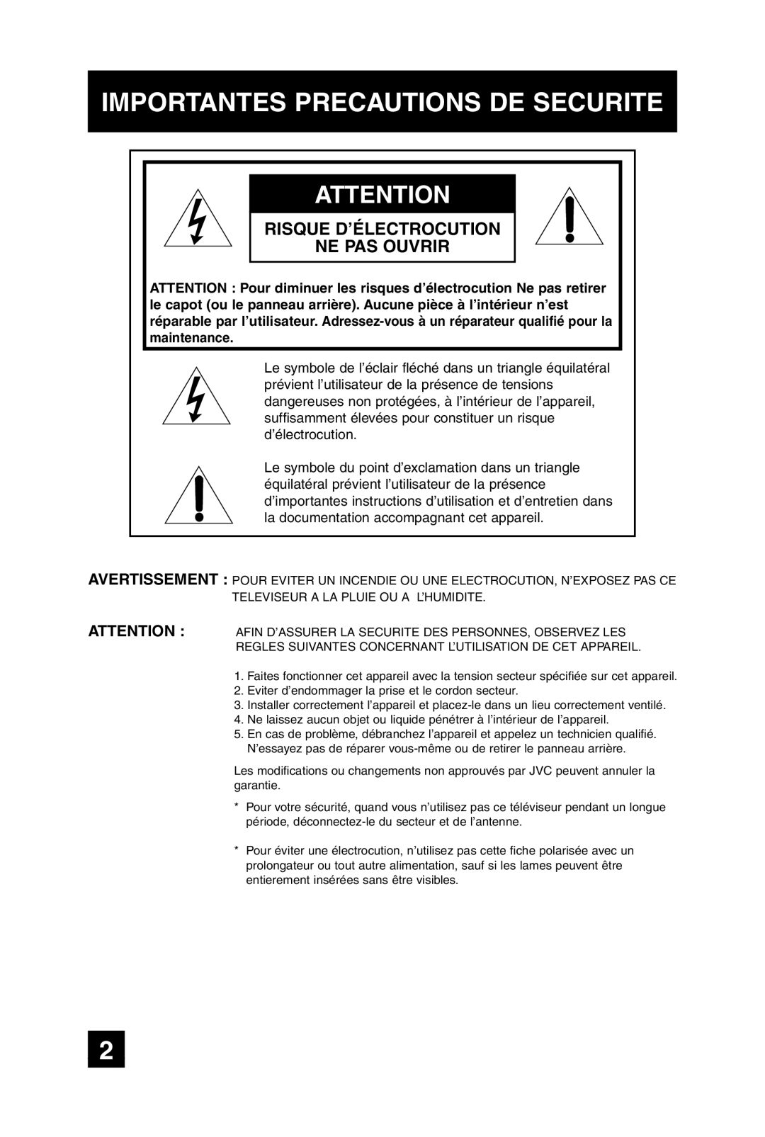 JVC AV-20F475 manual Importantes Precautions DE Securite 