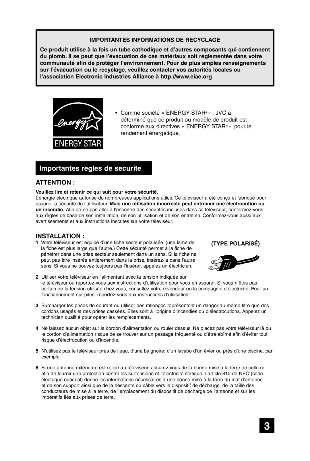 JVC AV-20F475 manual Importantes regles de securite, Importantes Informations DE Recyclage 