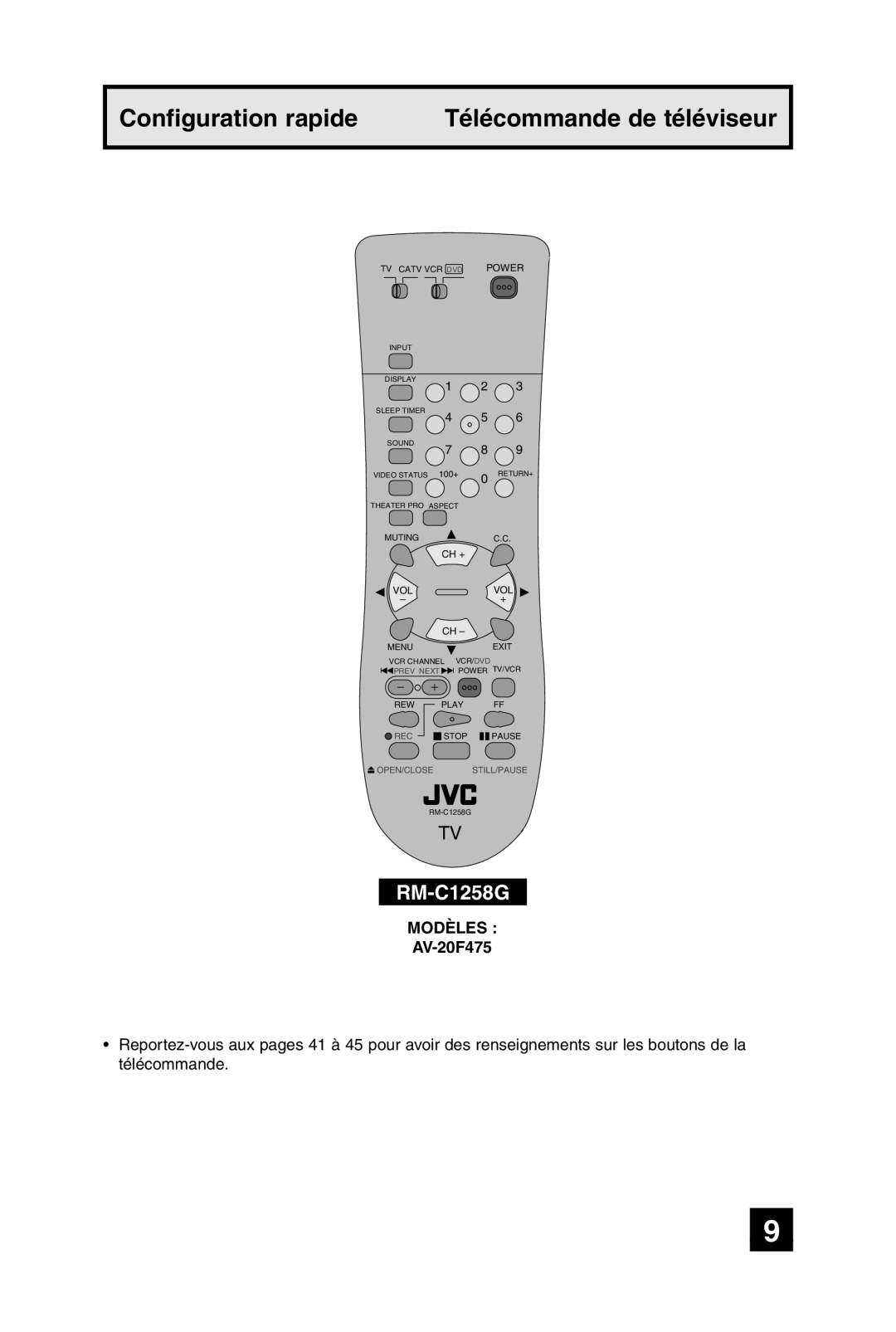 JVC AV-20F475 manual Configuration rapide Télécommande de téléviseur 