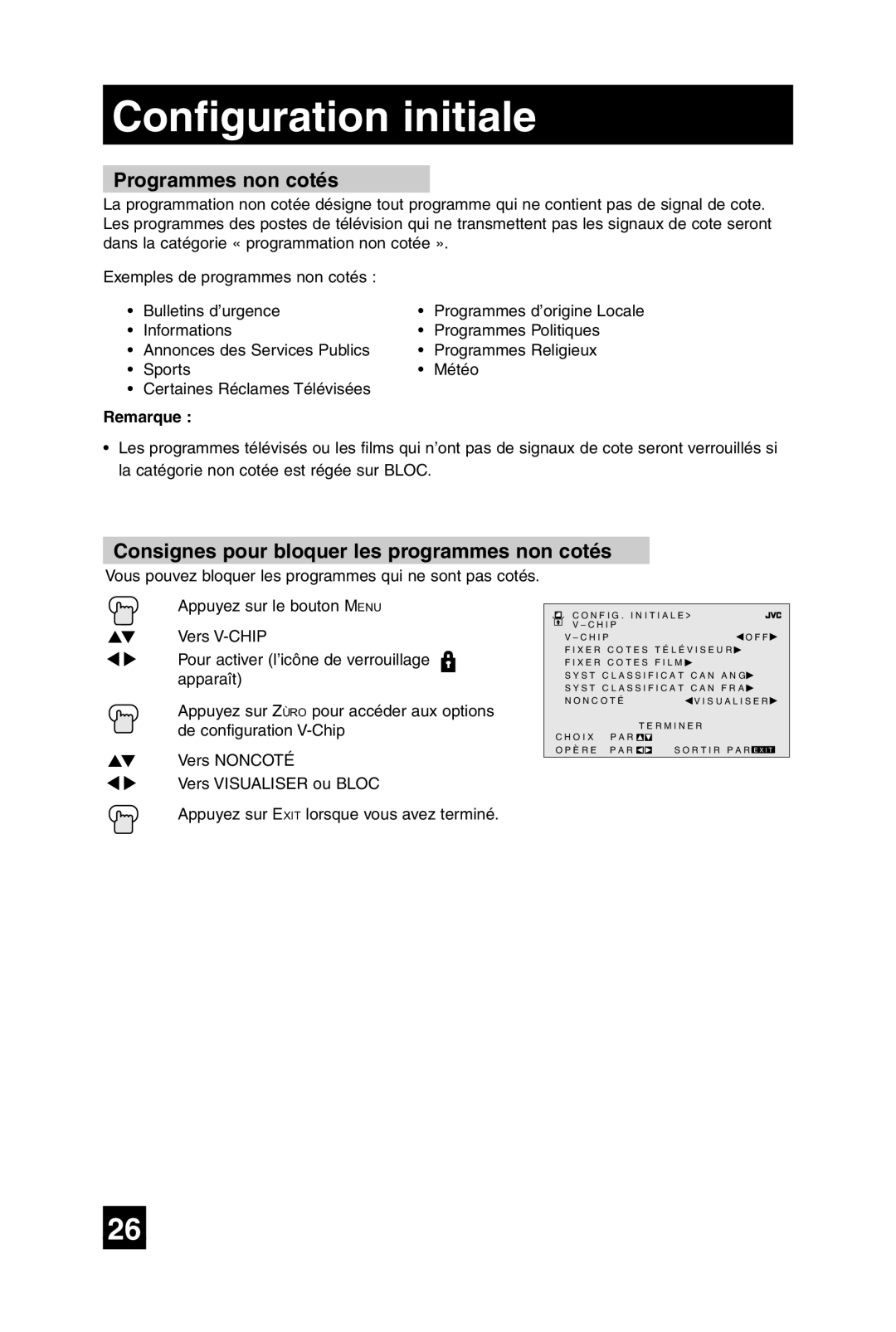 JVC AV-20F475 manual Programmes non cotés, Consignes pour bloquer les programmes non cotés 