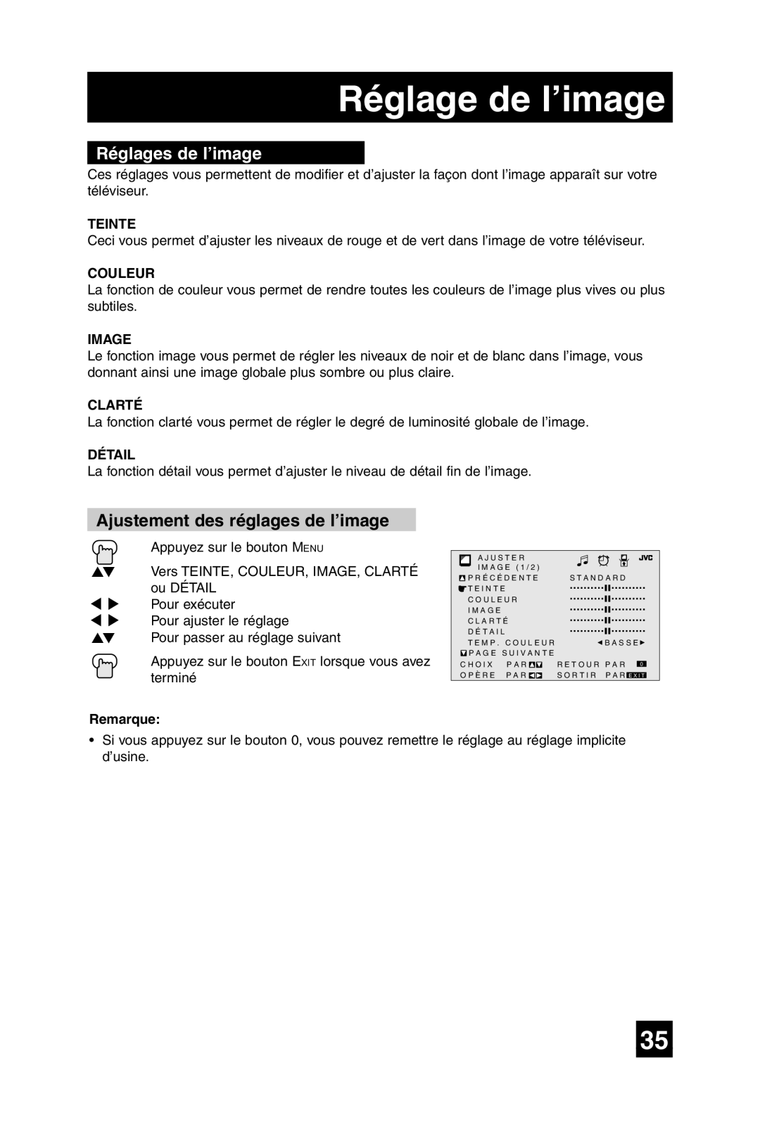 JVC AV-20F475 manual Réglage de l’image, Réglages de l’image, Ajustement des réglages de l’image 