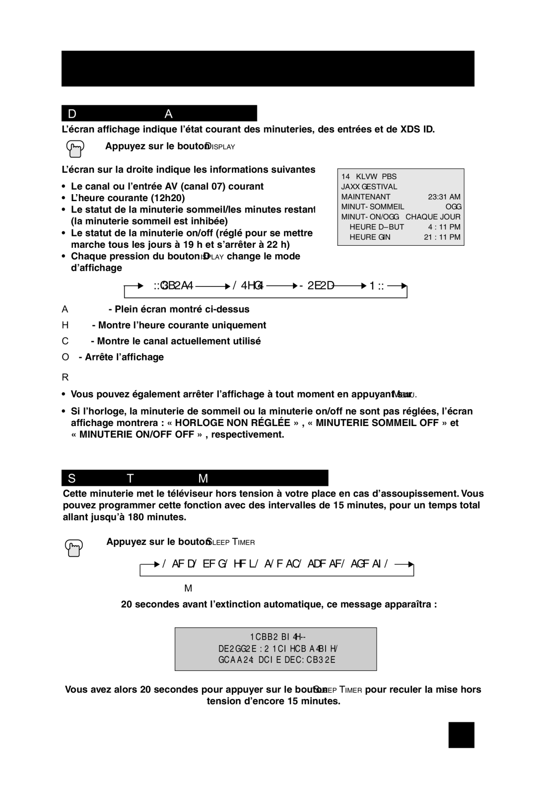 JVC AV-20F475 manual Display Affichage, Sleep Timer Minuterie de sommeil, Message de la minuterie de sommeil 