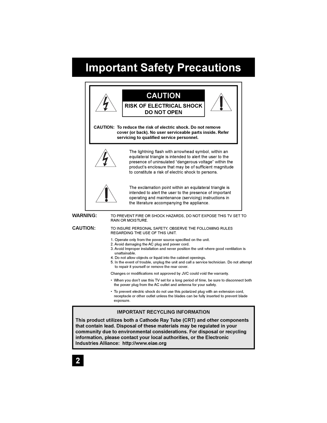 JVC AV-20F476, AV-27F476, AV-32F476, AV 32F476 manual Important Safety Precautions, Risk of Electrical Shock Do not Open 