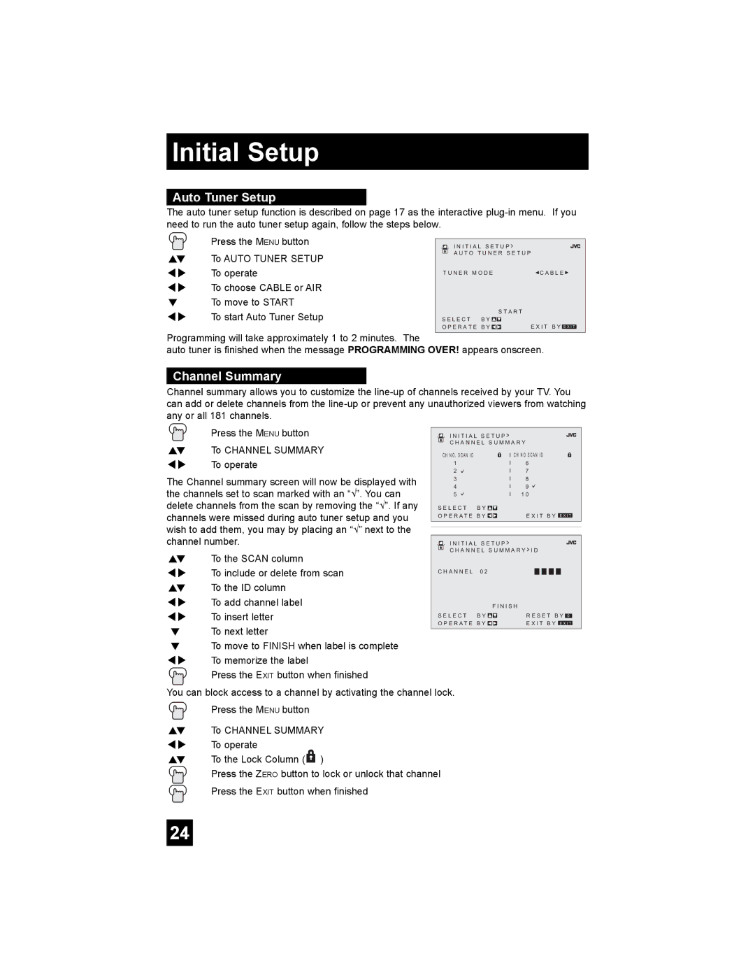 JVC AV 32F476, AV 20F476, AV-20F476, AV-27F476, AV-32F476 manual Initial Setup, Auto Tuner Setup, Channel Summary 