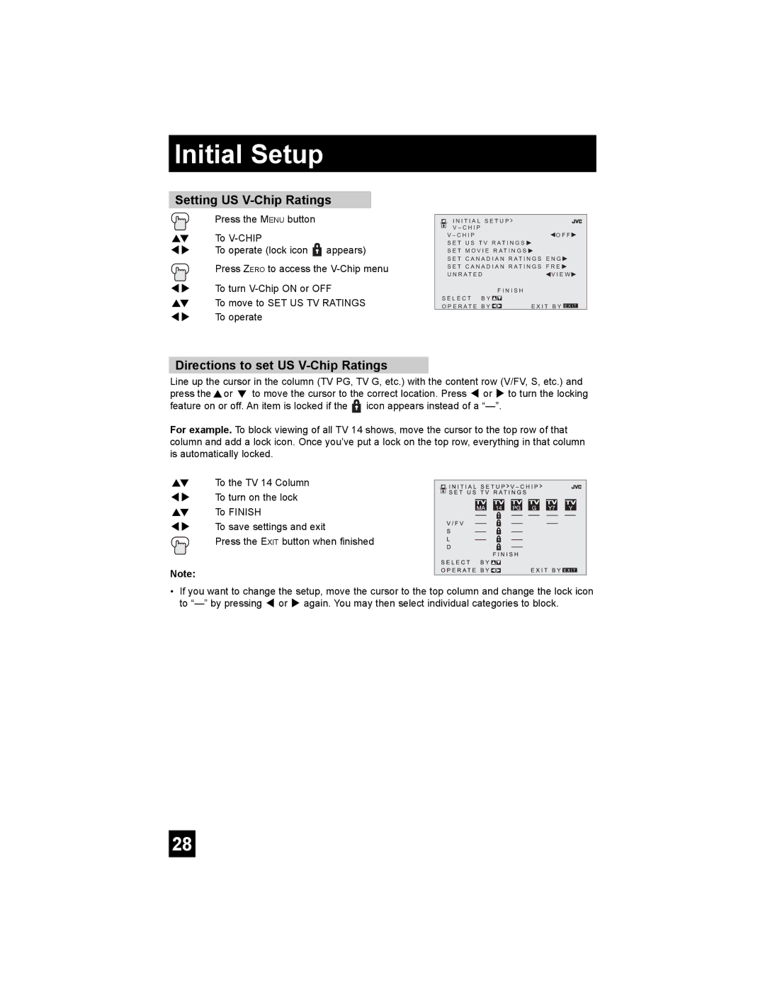 JVC AV 20F476, AV 32F476, AV-20F476, AV-27F476, AV-32F476 Setting US V-Chip Ratings, Directions to set US V-Chip Ratings 