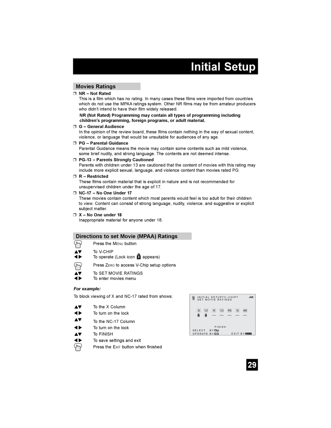 JVC AV-20F476, AV-27F476, AV-32F476, AV 32F476, AV 20F476 manual Movies Ratings, Directions to set Movie Mpaa Ratings 