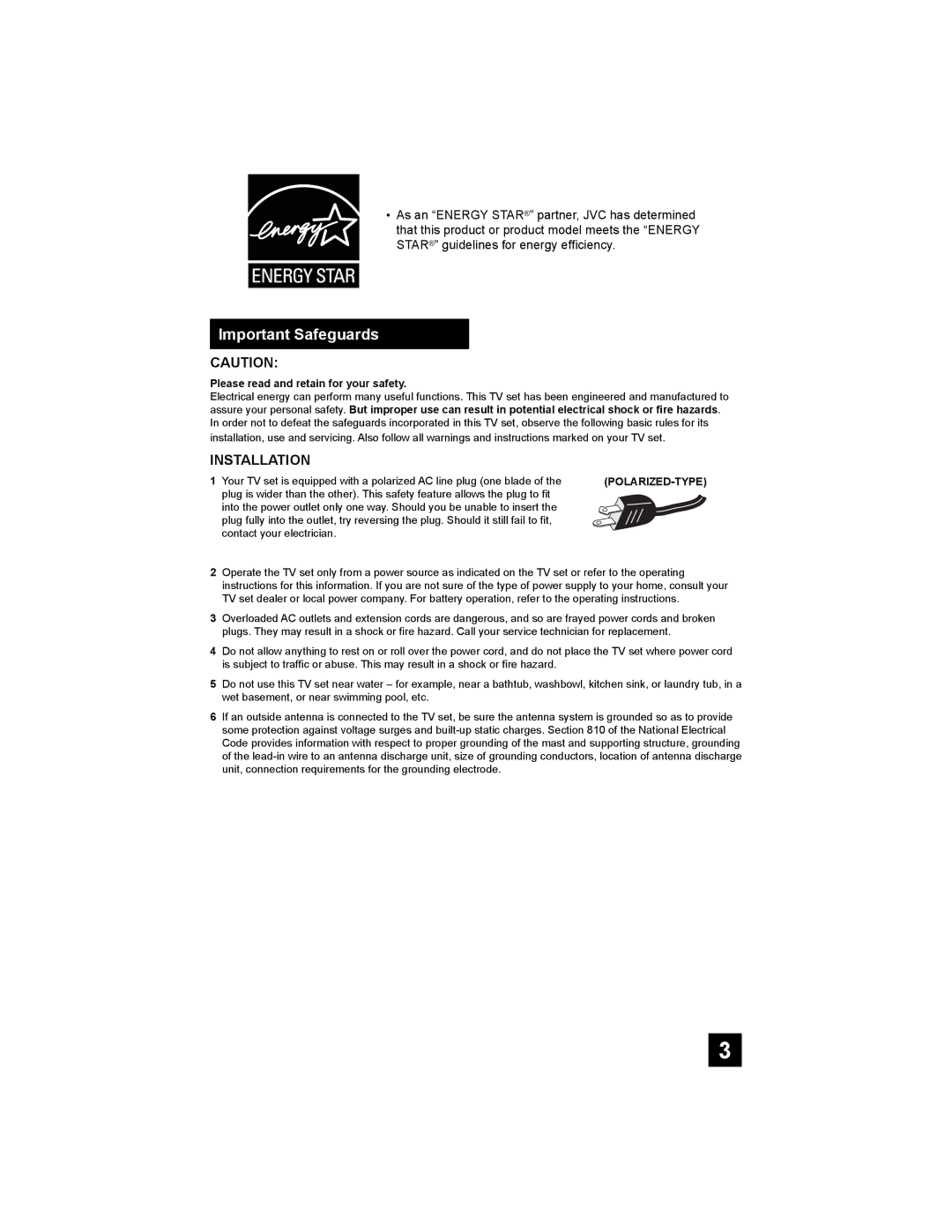 JVC AV 32F476, AV 20F476, AV-20F476, AV-27F476, AV-32F476 manual Important Safeguards, Please read and retain for your safety 