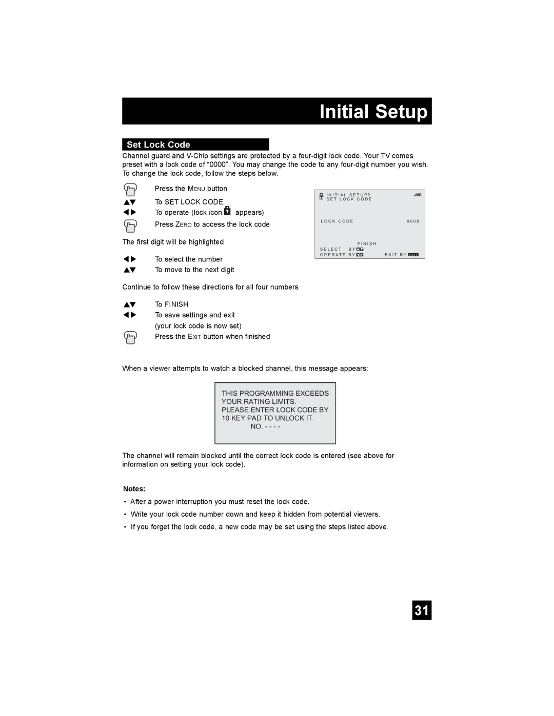 JVC AV 20F476, AV 32F476, AV-20F476, AV-27F476, AV-32F476 manual Set Lock Code 