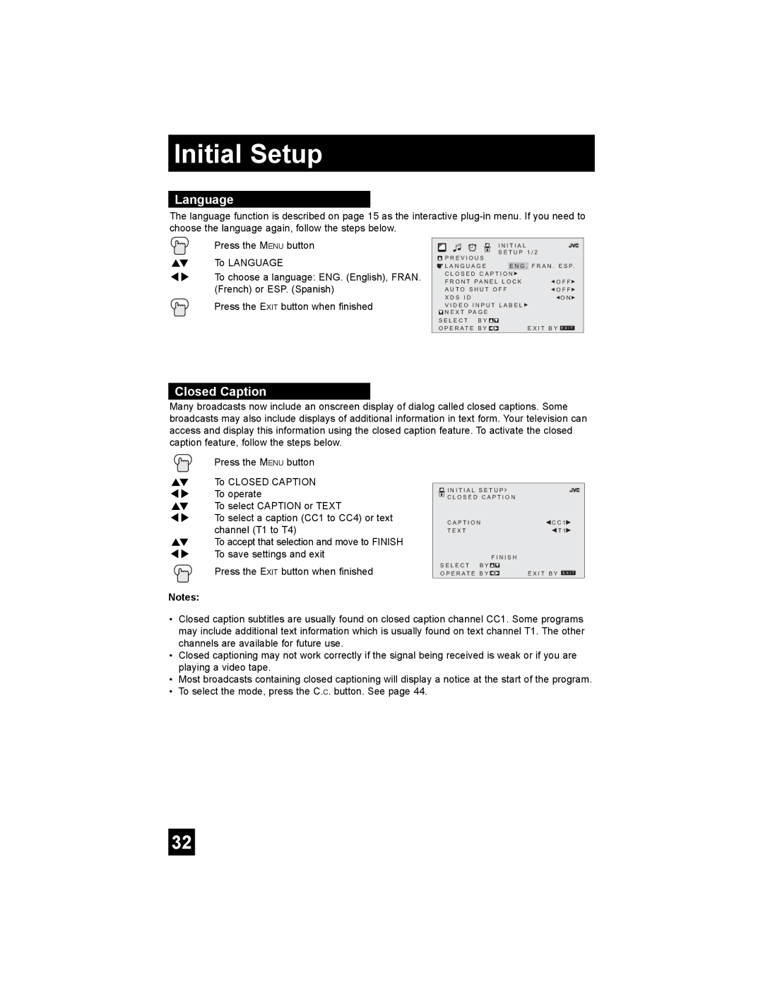 JVC AV-20F476, AV-27F476, AV-32F476, AV 32F476, AV 20F476 manual Language, Closed Caption 