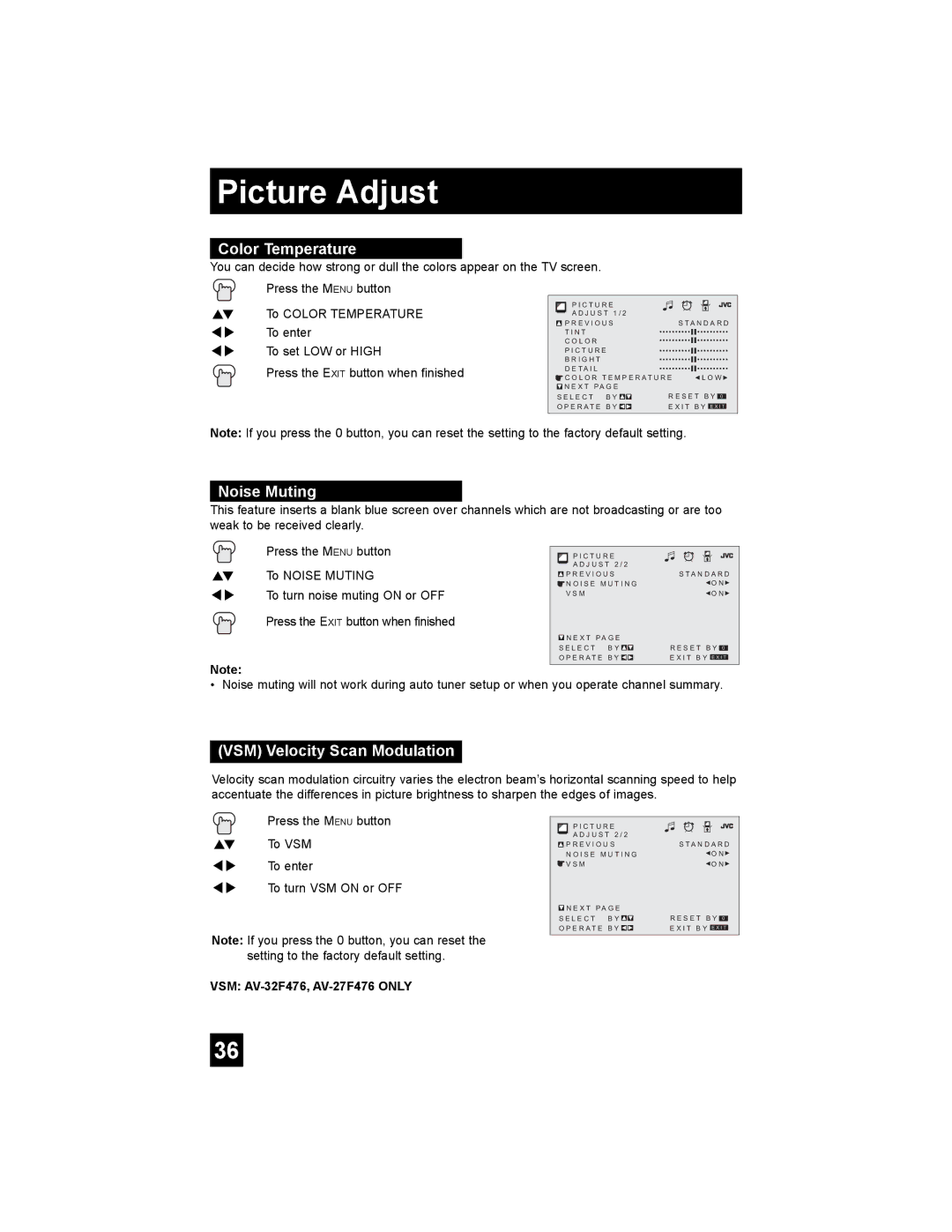 JVC AV 32F476, AV 20F476, AV-20F476, AV-27F476, AV-32F476 Color Temperature, Noise Muting, VSM Velocity Scan Modulation 