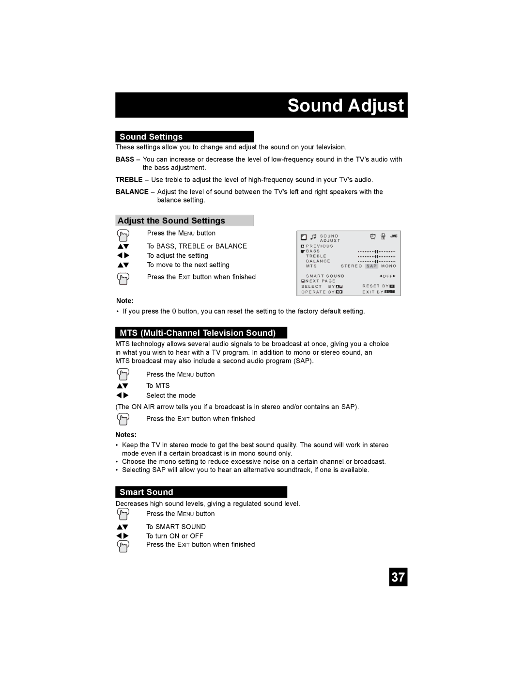 JVC AV 20F476, AV 32F476 manual Sound Adjust, Adjust the Sound Settings, MTS Multi-Channel Television Sound, Smart Sound 