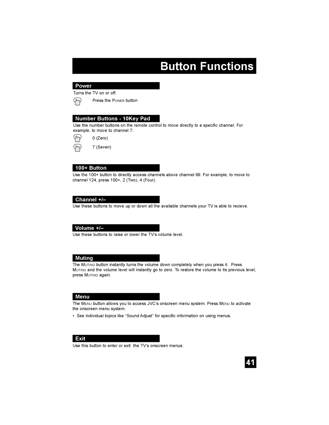 JVC AV-20F476, AV-27F476, AV-32F476, AV 32F476, AV 20F476 manual Button Functions 