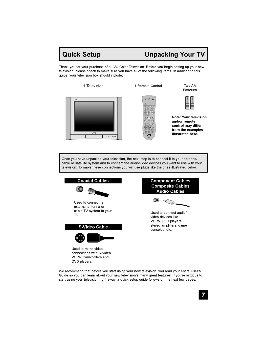 JVC AV 20F476, AV 32F476 manual Coaxial Cables, Video Cable, Component Cables Composite Cables Audio Cables 