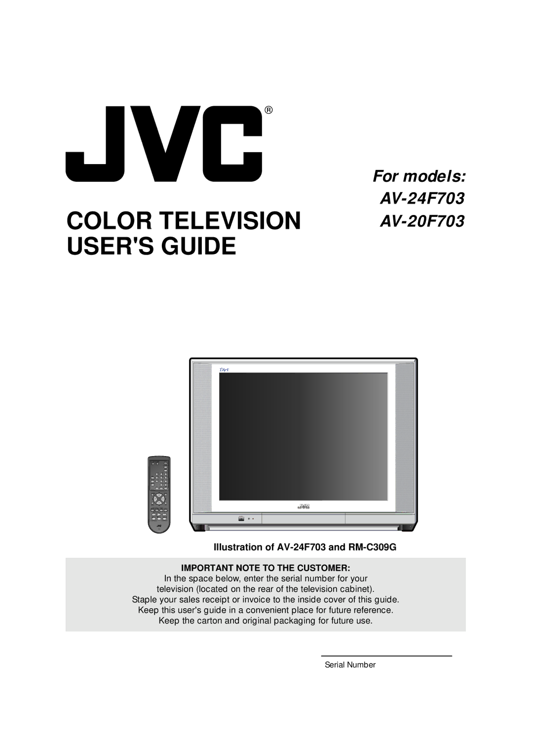 JVC AV-24F703, AV-20F703 manual Important Note to the Customer, Serial Number 