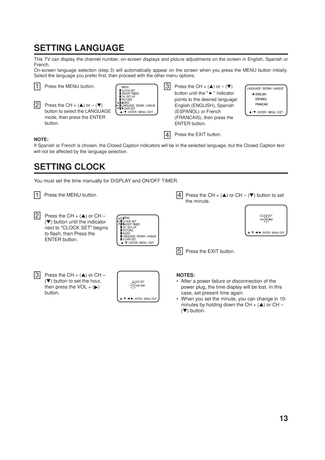 JVC AV-24F703, AV-20F703 manual Setting Language, Setting Clock, Press the CH + or CH button to set the minute 